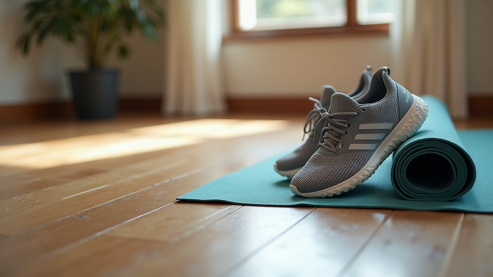 Close-up view of yoga mat and running shoes on a wooden floor