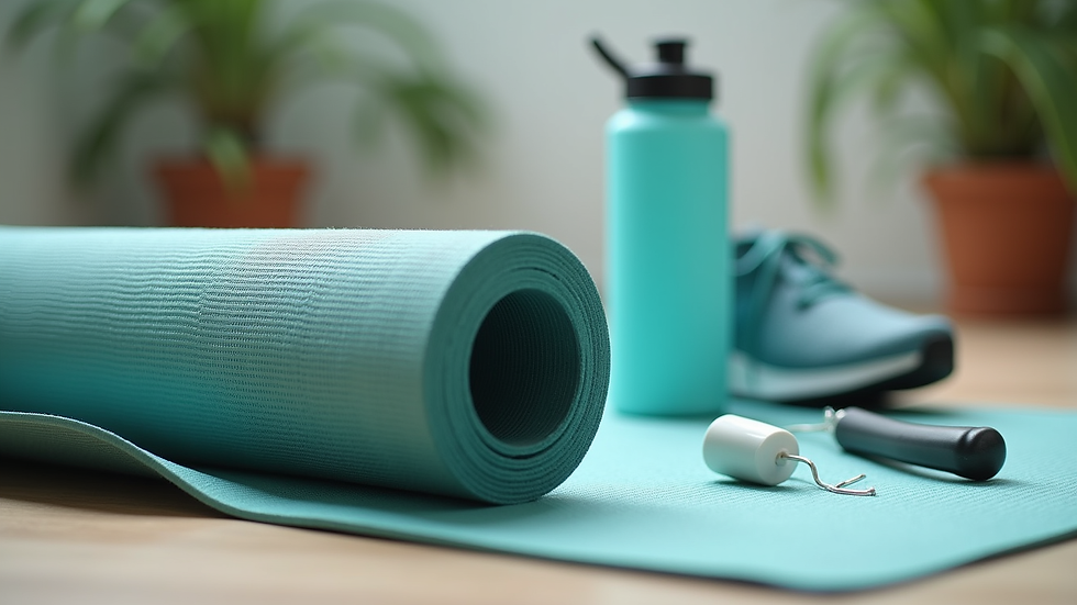 Close-up view of yoga mat with props and a water bottle beside running shoes