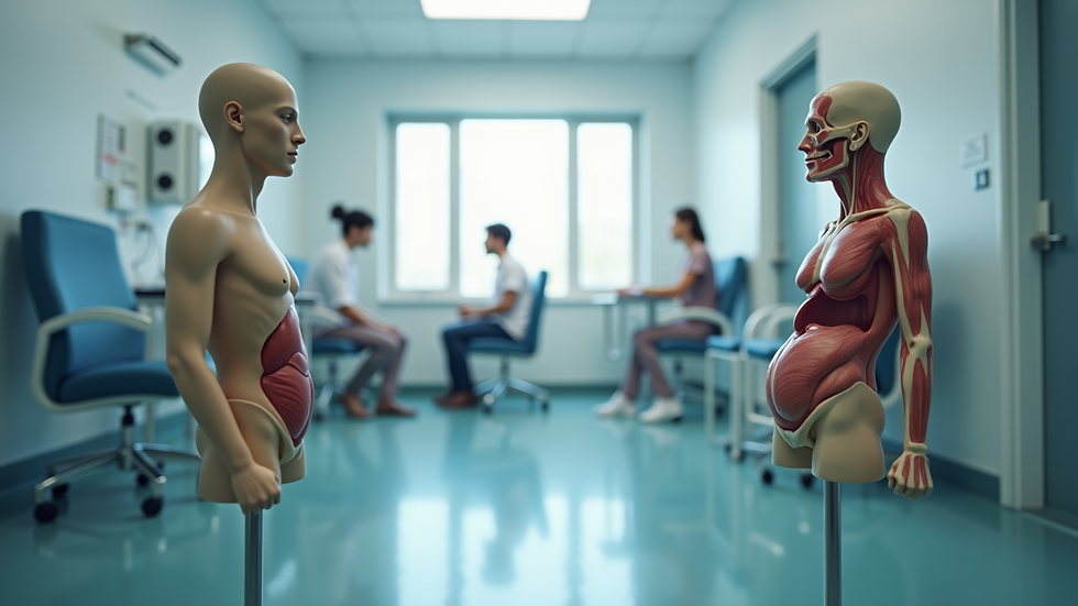 Eye-level view of a medical consultation room with anatomical models