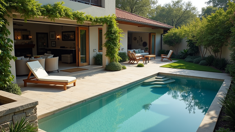 High-angle photo of a property with an outdoor pool and garden