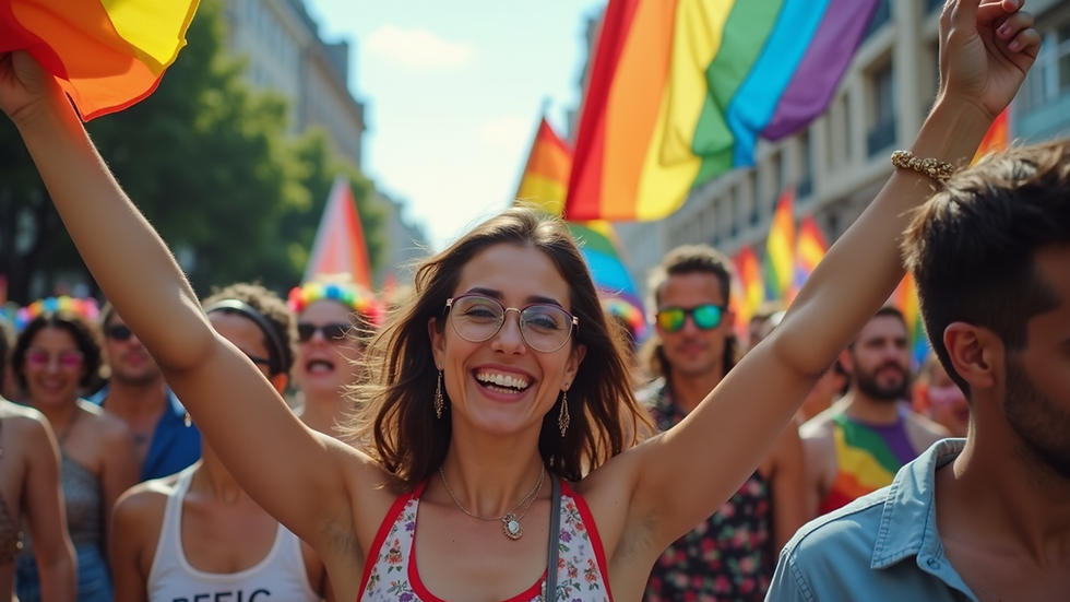 Eye-level view of a colorful Pride parade with diverse participants