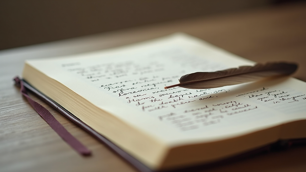 Close-up view of a journal with handwritten spiritual reflections and a feather pen