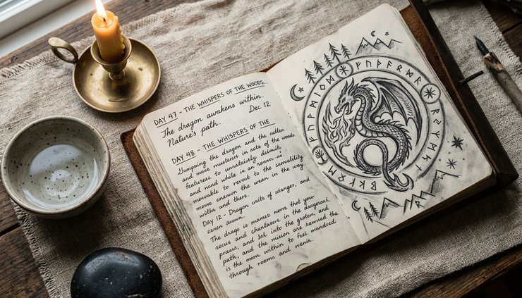 Overhead view of a journal beside a candle, a bowl of water, and a smooth black stone.