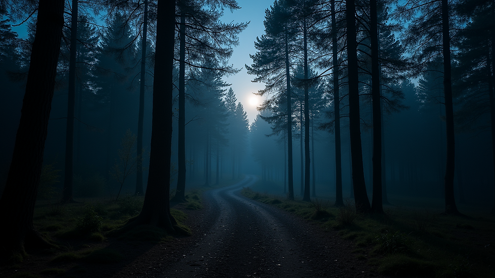 Eye-level view of a serene forest path illuminated by soft moonlight