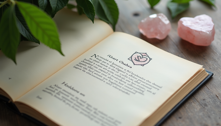 High angle view of a journal with handwritten notes about heart chakra healing, surrounded by rose quartz and green leaves