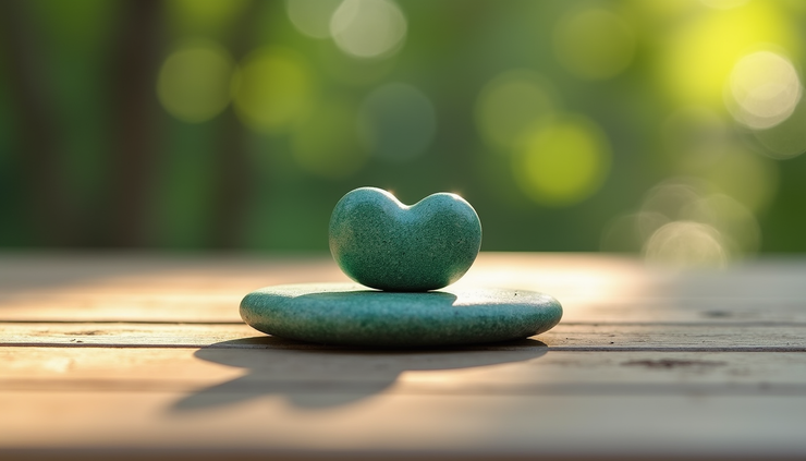 Eye-level view of a green heart-shaped stone resting on a wooden surface