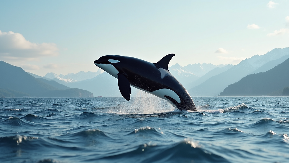 Close-up view of a killer whale breaching the surface of the water