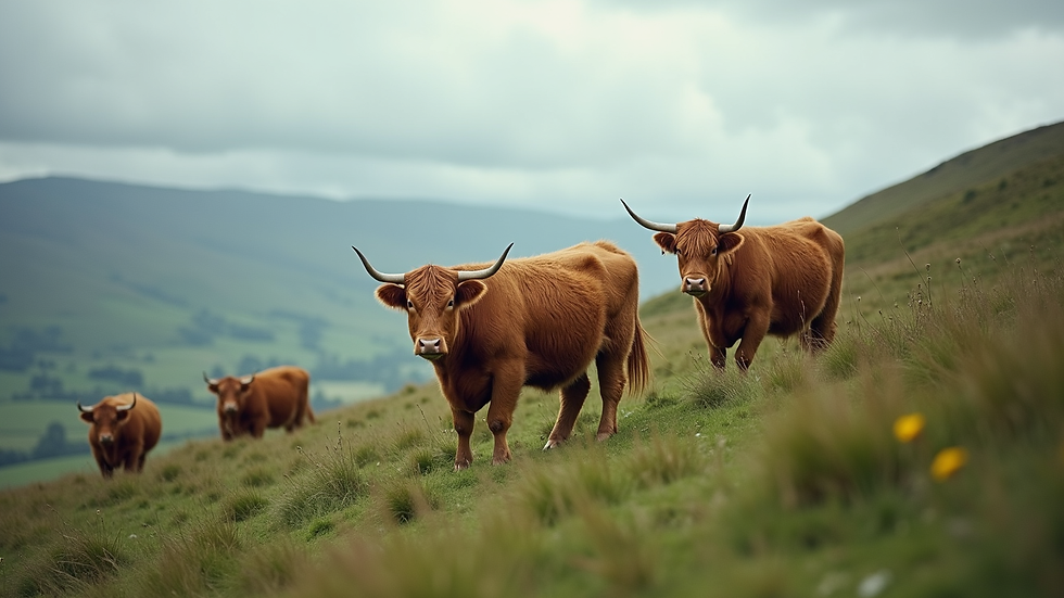 High angle view of a Highland cow herd grazing on a green hillside under cloudy skies