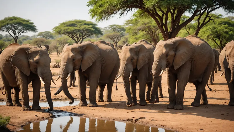 Wide angle view of elephants gathering near a watering hole