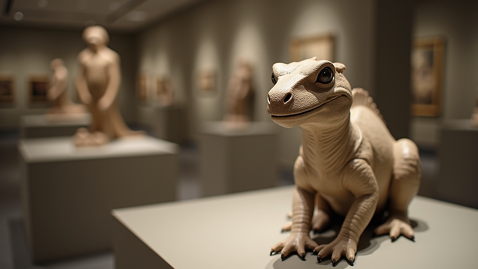 Close-up view of a reptilian sculpture in a museum