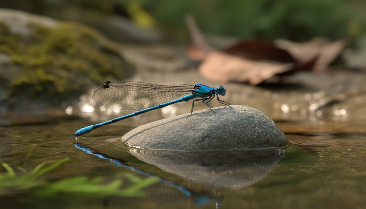 Close-up view of a blue dragonfly with transparent wings on a smooth river stone.