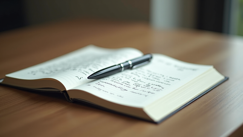 Close-up view of a journal with handwritten notes and a pen on a wooden table