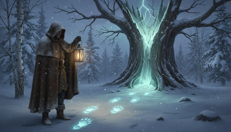 Eye-level view of a traveler holding a lantern near four glowing prints in fresh snow