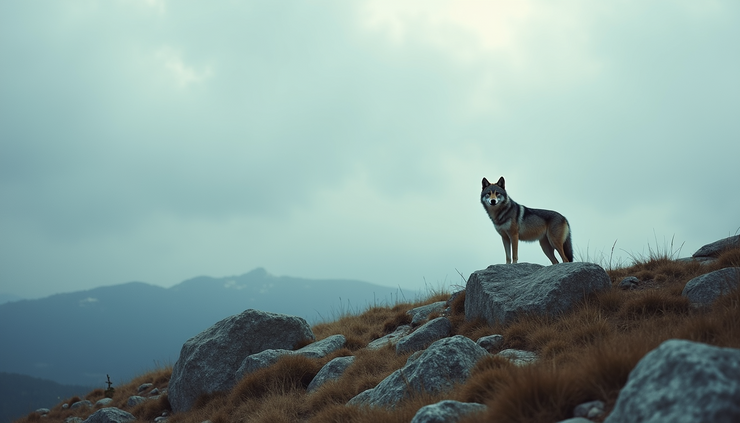 Eye-level view of a lone wolf standing on a rocky hill under a cloudy sky