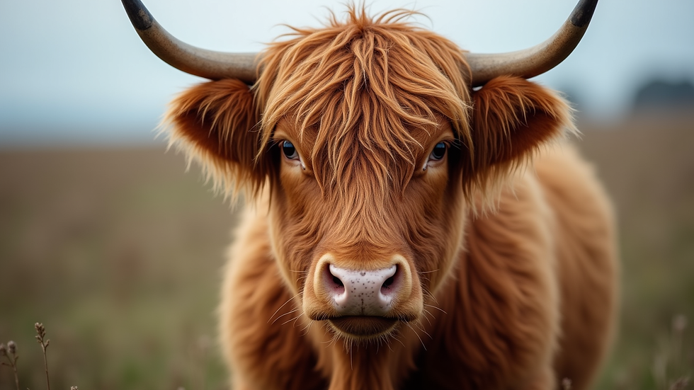 Close-up view of the Highland cow’s thick fur and gentle eyes