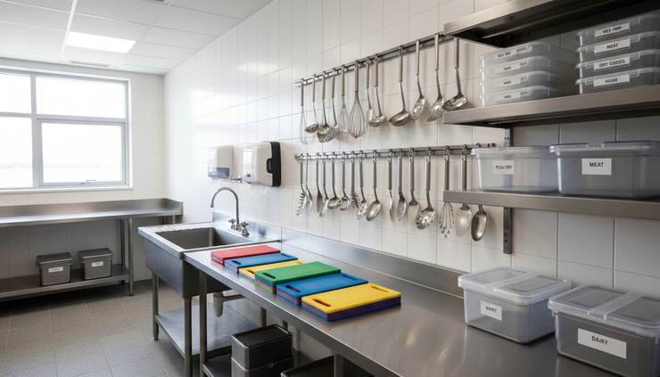 Eye-level view of colour-coded chopping boards and clean utensils in a school kitchen