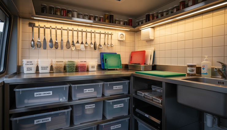 Eye-level view of organised ingredients and colour-coded chopping boards inside a food van
