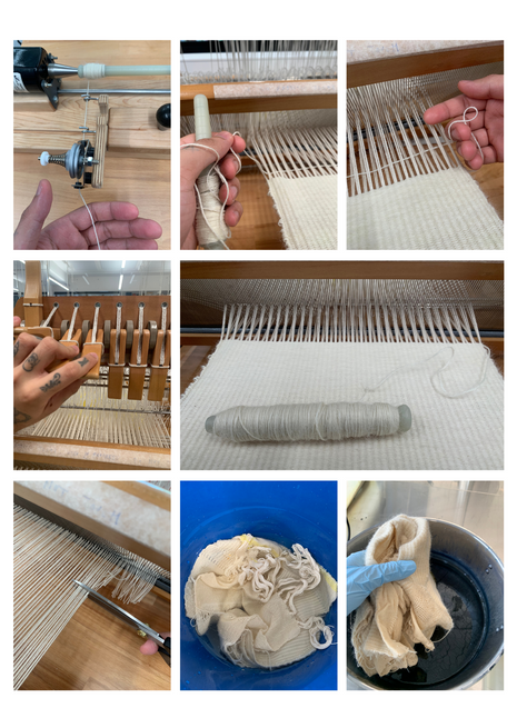Weaving process on 8 Shaft table loom followed by mordanting and dyeing in indigo bath.