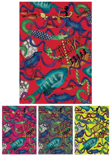 Final print in different Colourways. This print has been designed especially for the Madarrpa, one of the many Yolŋu Yirritja moiety clans.