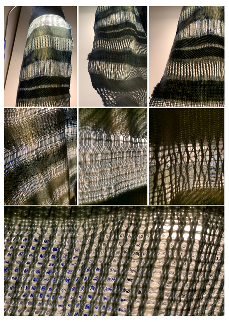 The final woven piece is shown up close, highlighting the various weaving techniques employed.