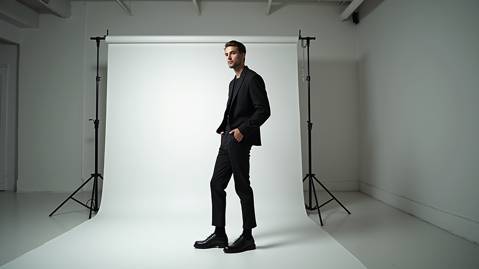 Eye-level view of a modern fashion studio with male model posing