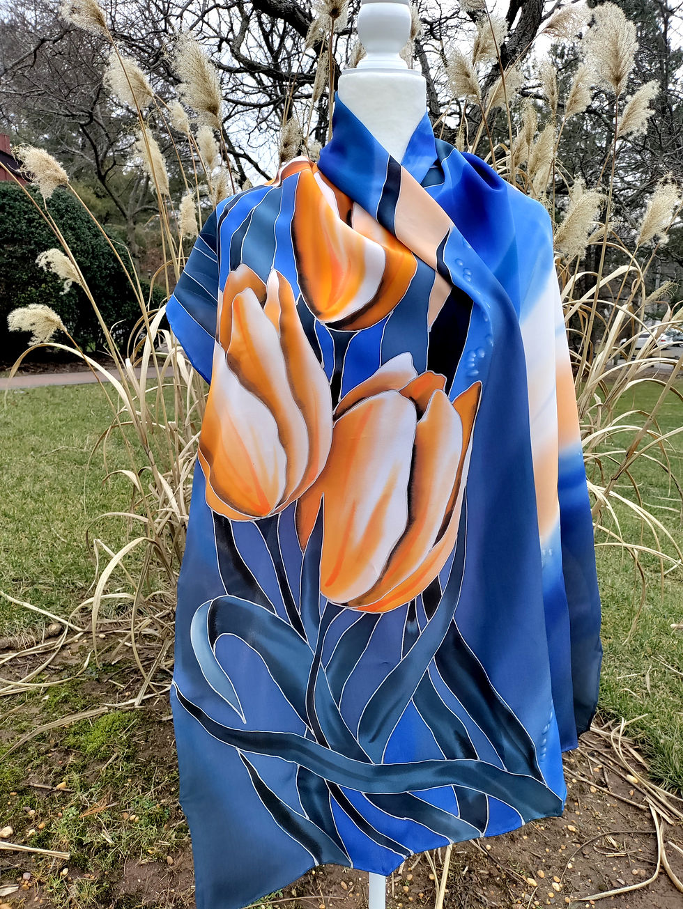 Hand-Painted Silk Scarf with Tulips. Artist: Svetlana Titova
