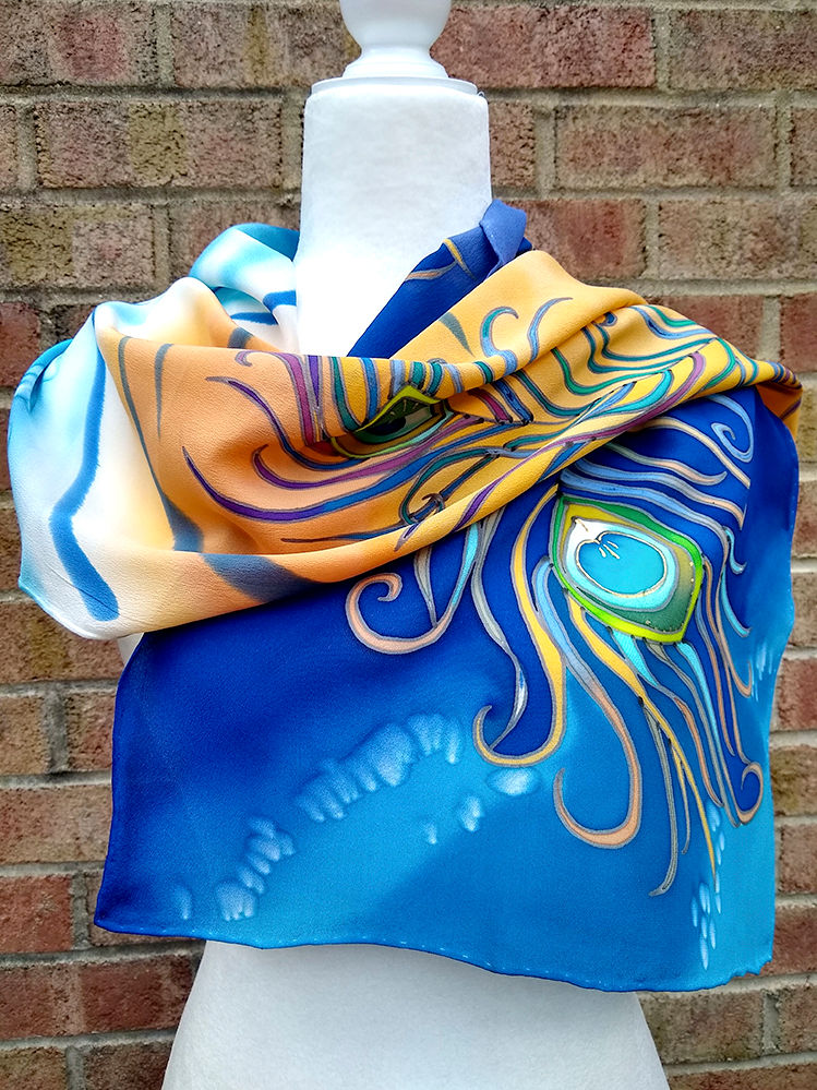 Thumbnail: Flowing peacock feather silk scarf, hand-painted with curved feather lines in teal and violet.