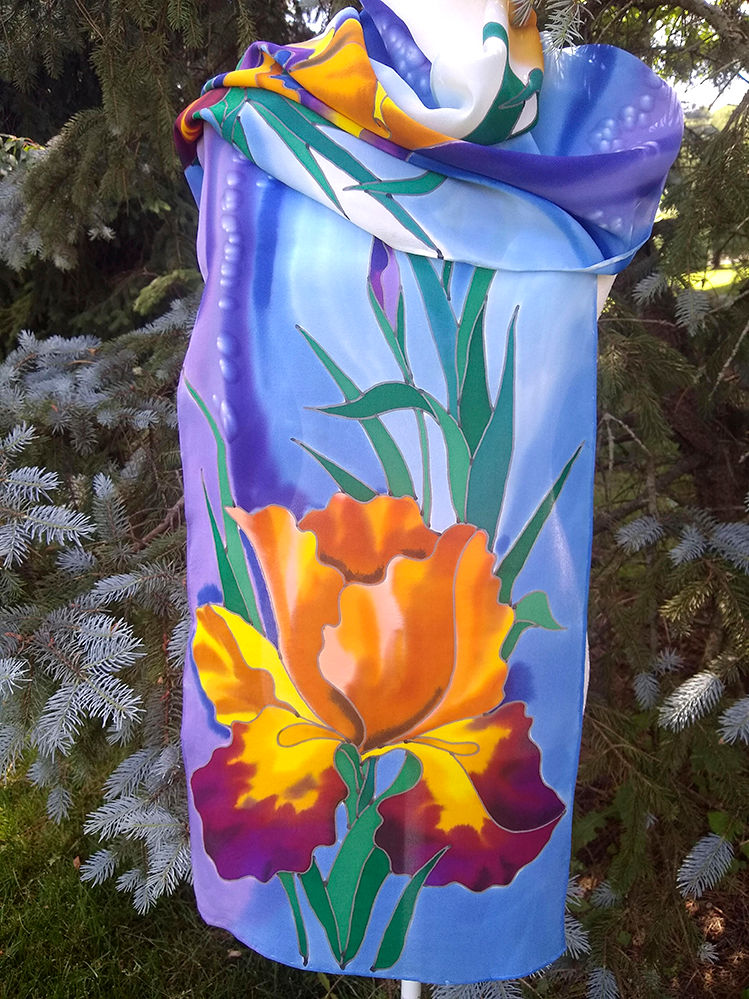 Thumbnail: Close-up of yellow and purple iris flowers on batik silk scarf with blue base