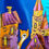Thumbnail: Close-up of cheerful cat illustrations on silk scarf with city rooftop background