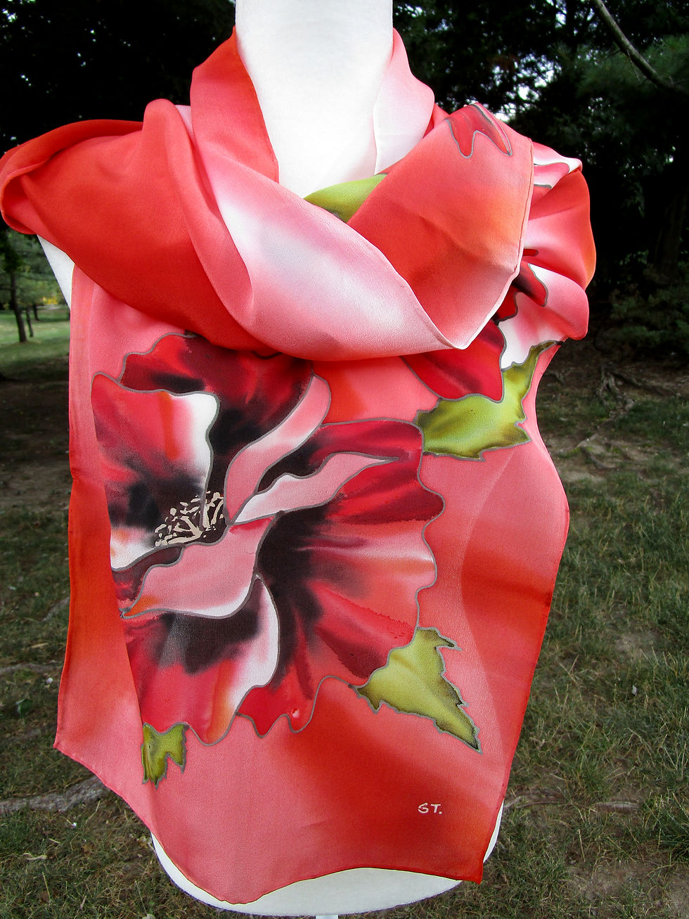 Thumbnail: Hand-Painted Silk Scarf with Poppies by Artist Svetlana Titova