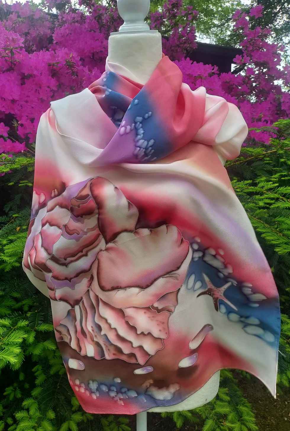 Thumbnail: Hand painted silk scarf with large seashell and ocean motif in pink and blue tones