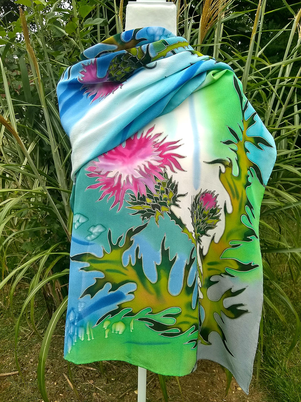 Thumbnail: Artistic silk scarf with large pink thistle blossoms and expressive green foliage on blue and ivory background