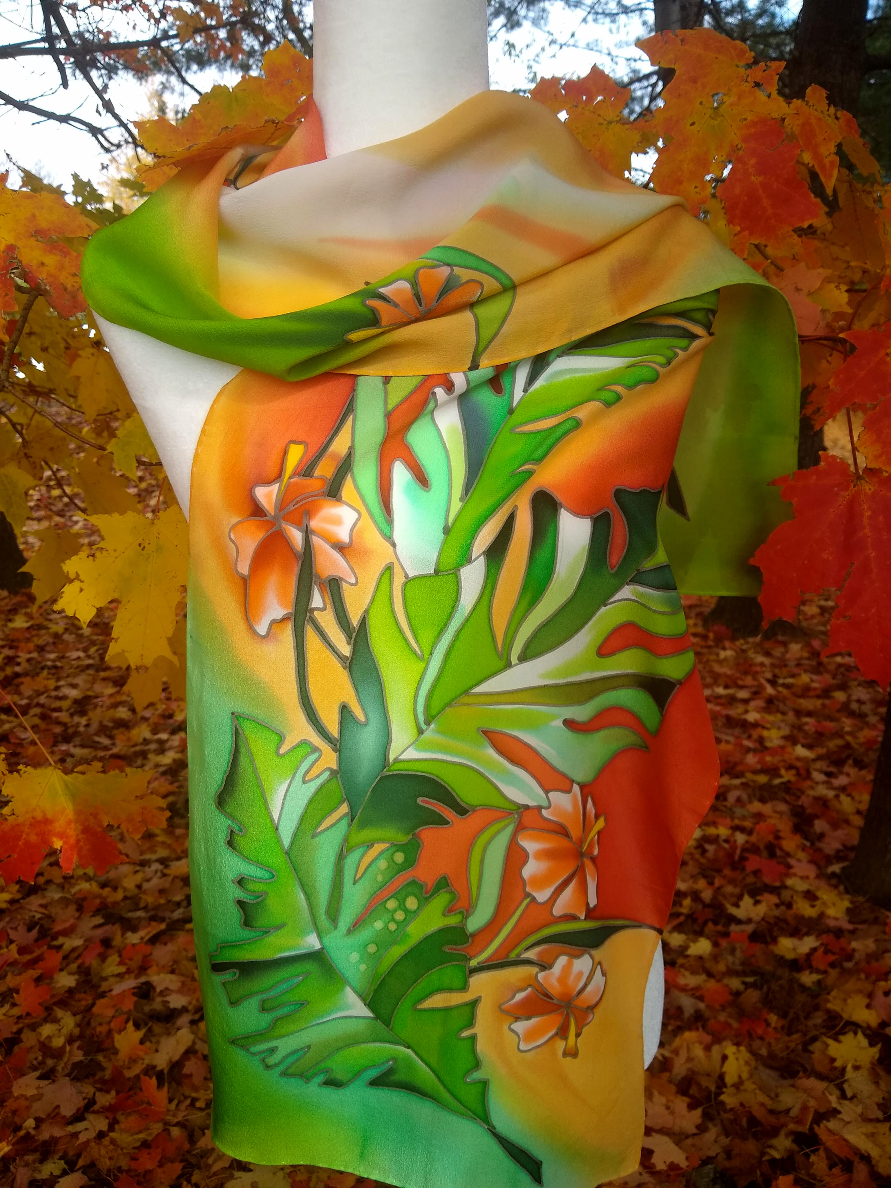 Hand-Painted Silk Scarf with Orange Flowers. Artist: Svetlana Titova