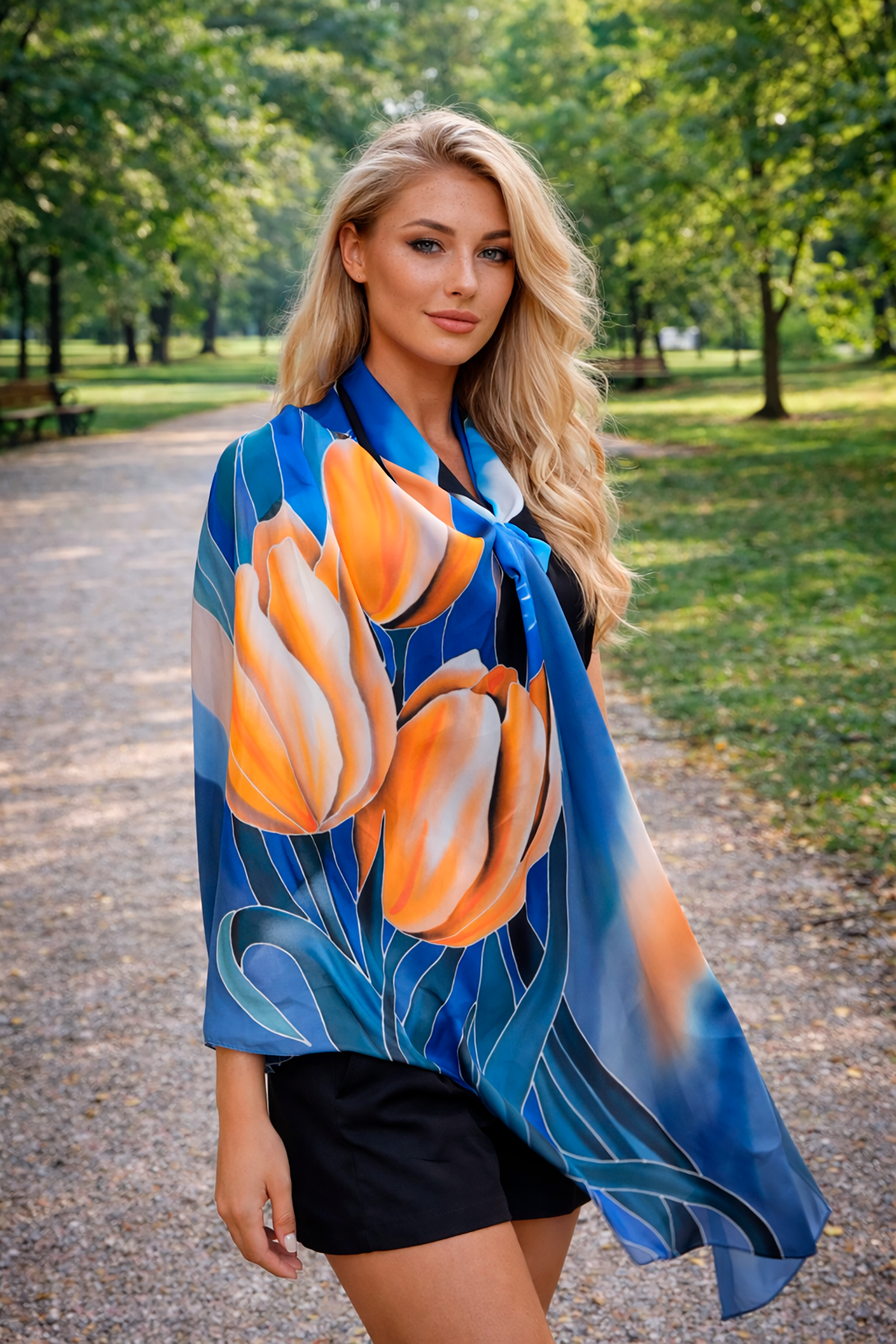 Hand-Painted Silk Scarf with Tulips. Artist: Svetlana Titova
