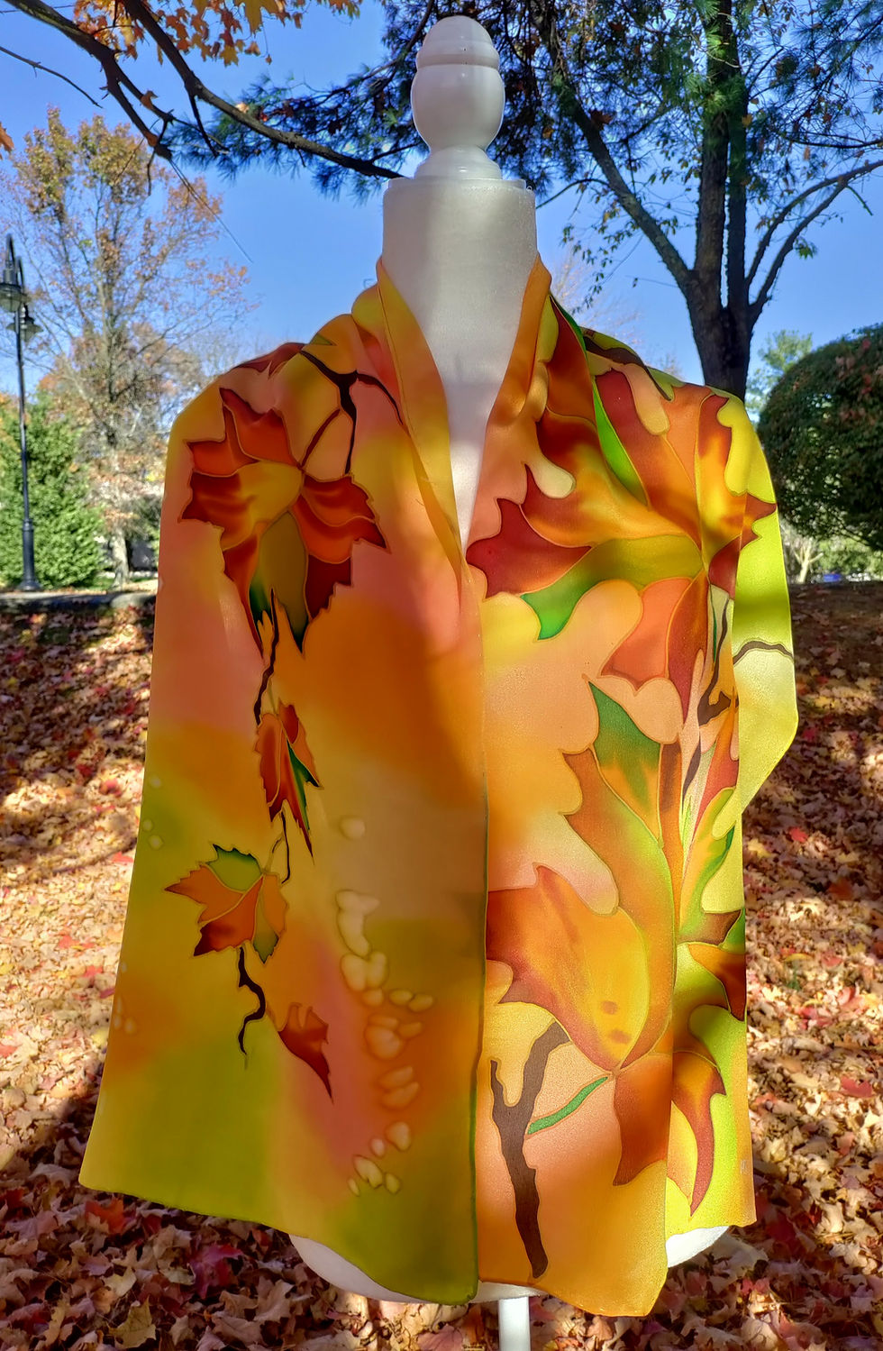 Thumbnail: Hand-Painted Silk Scarf with Autumn Leaves — Cold Batik Art by Svetlana Titova