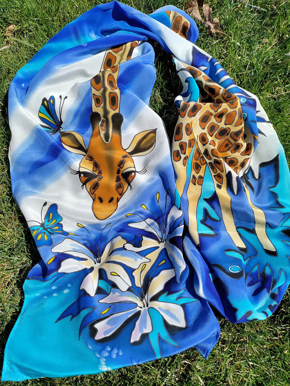 Thumbnail: Close-up of hand-painted giraffe and white flowers on blue silk batik scarf, unique textile art
