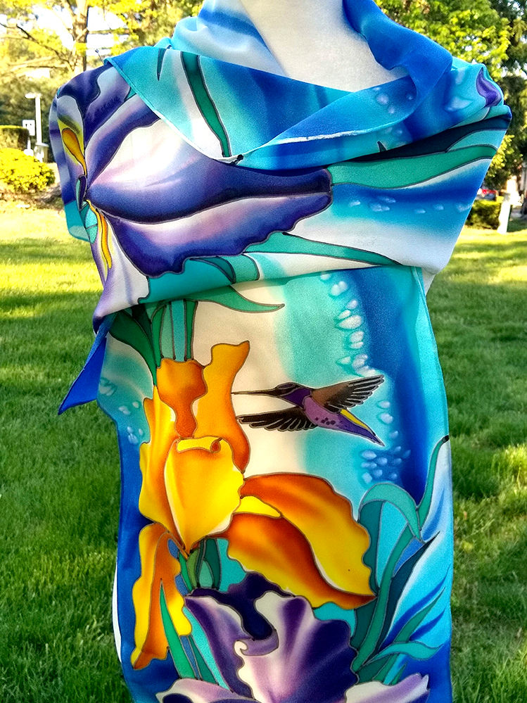 Thumbnail: Hand-painted silk scarf with irises and hummingbirds in rich shades of blue, yellow, and purple