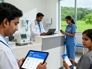 A modern Indian clinic scene with healthcare professionals—doctors and nurses—collaborating while using the AstraAI app on a tablet and smartphone for patient care. The AstraAI app interface is clearly visible, matching its branded layout and colors. The clinic is bright, with medical equipment and nature visible through large windows. The image promotes AstraAI as a trusted, clinical companion for healthcare professionals.