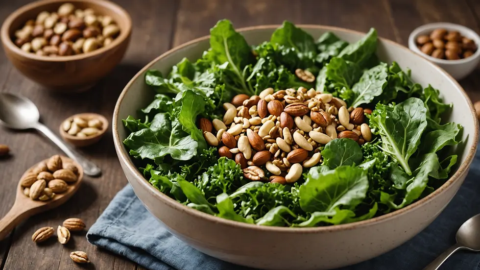 Eye-level view of a bowl filled with leafy greens and nuts