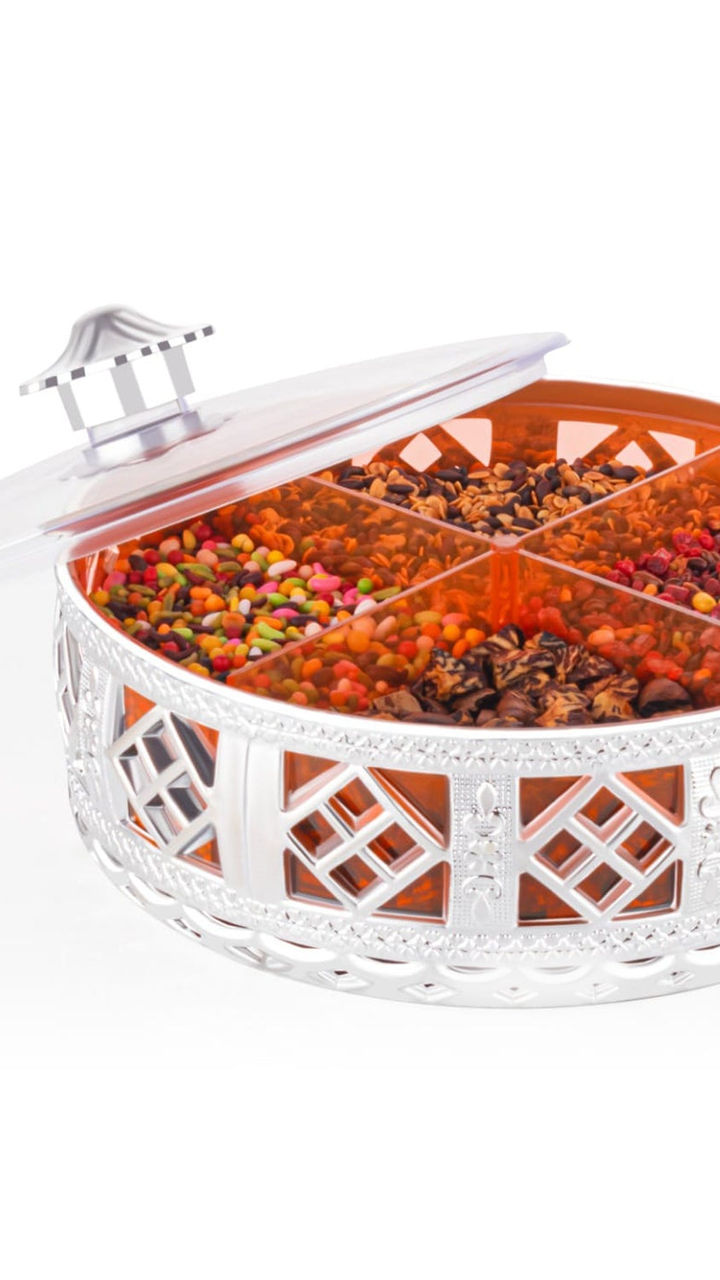 4-Section Multipurpose Dry Fruit Round Silver Gift Box
