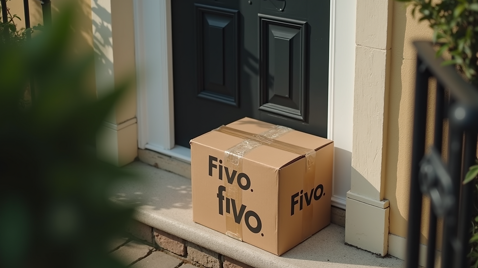 High angle view of a delivery box with Fivo branding on a doorstep