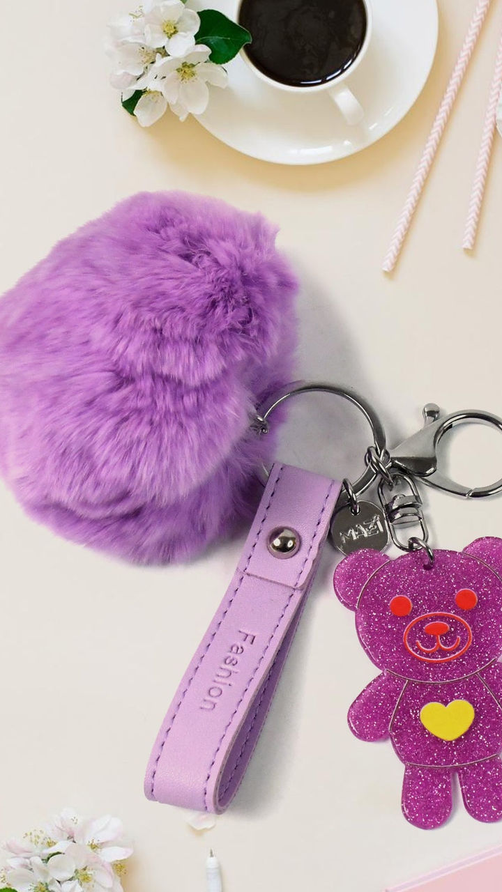 Cute Cartoon Keychain with Fluffy Pom