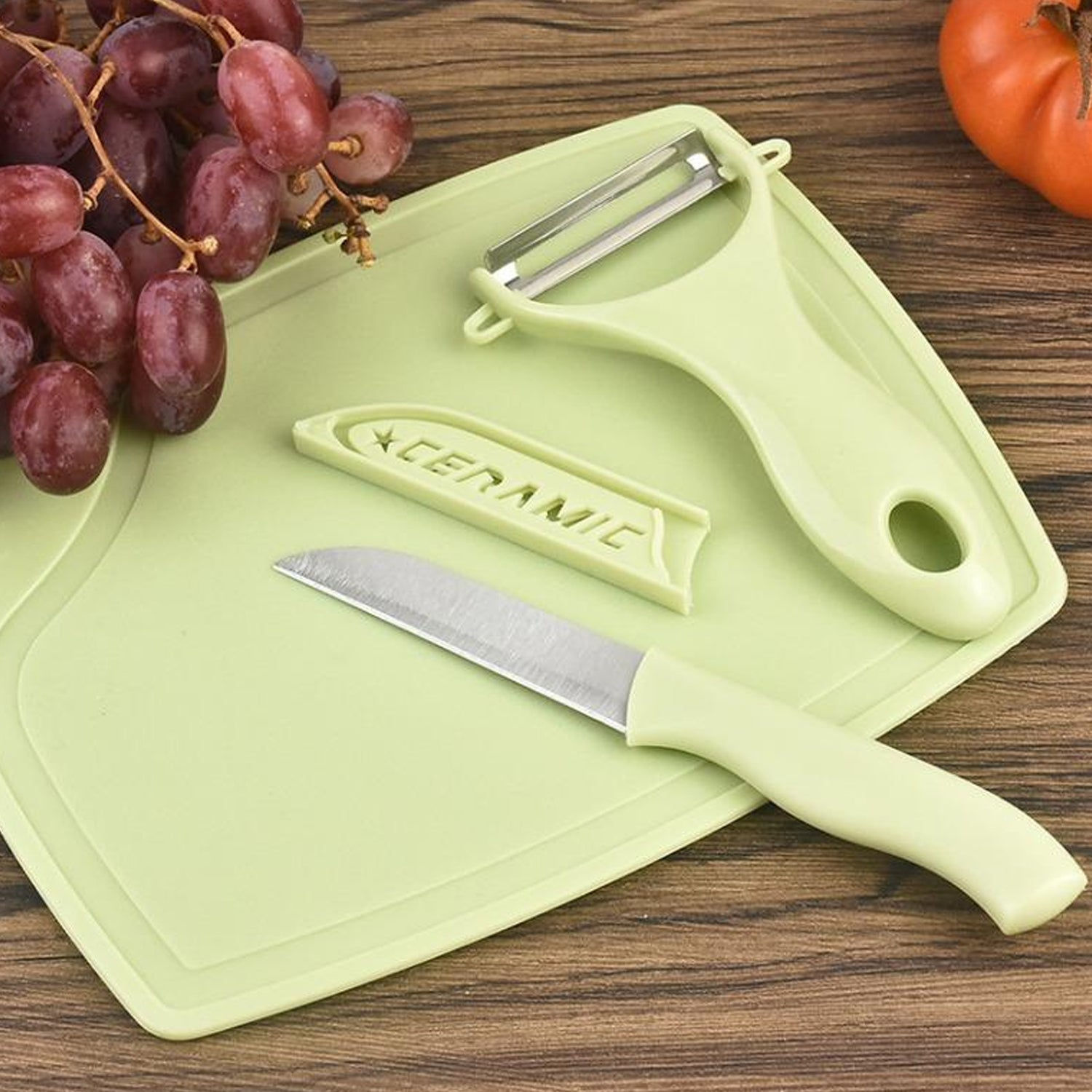 Plastic Kitchen Peeler - Green & Classic Stainless Steel 3-Piece Knife Set