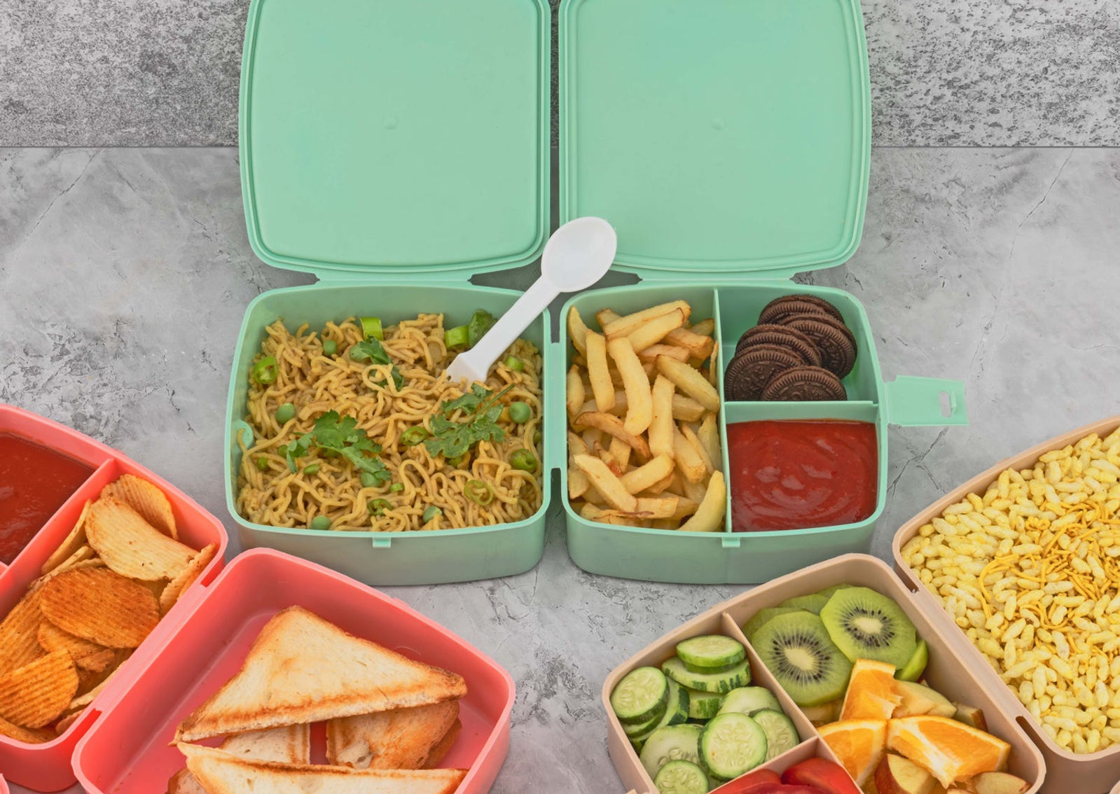 Double-Layer Square Lunch Box with Spoon , 4 Compartment Tiffin & Push Lock