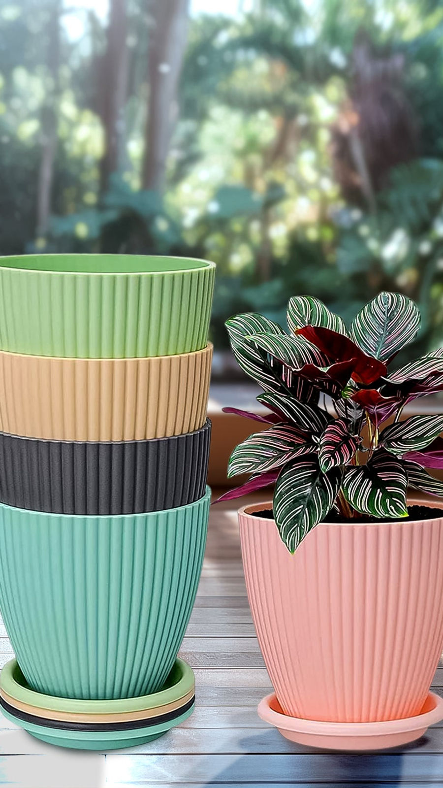 Round Flower Pot with Bottom Tray (5 Pcs Set, Small)