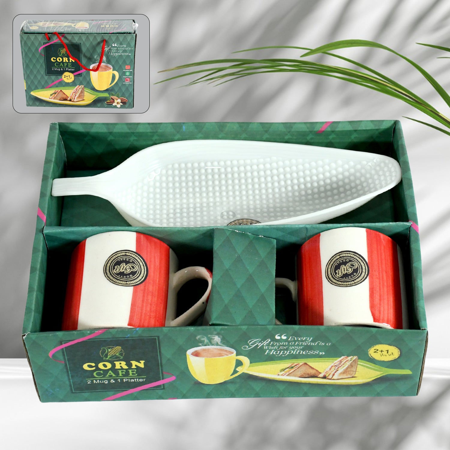 Corn Cafe Ceramic Tea / Cups Set Including Plastic Leaf Shape Serving