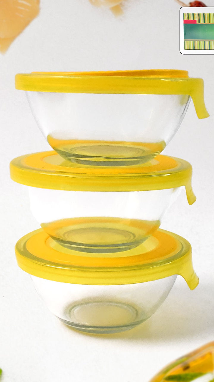 Dazzle Glass Mixing & Storage Bowl Set with Lids (3 Pcs)