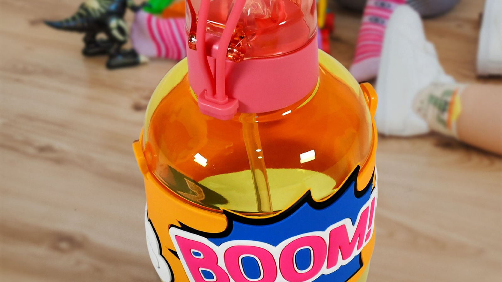 Cute Plastic Water Bottle with adjustable shoulder strap, Straw and Rubber
