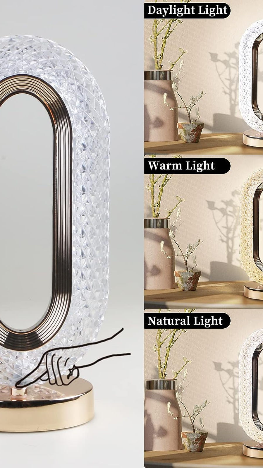 Thumbnail: Touch Control Crystal Diamond Table Lamp, 3-Way Dimmable USB Rechargeable