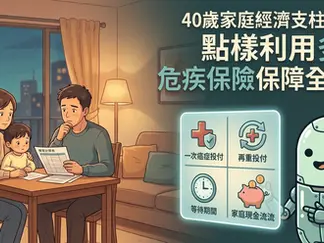 一家三口坐喺餐桌前查閱家庭財務文件，背景為夜間城市景色。右側機器人卡通角色指向四格資訊圖示，分別標示「一次癌症投付」、「再重投付」、「等待期間」及「家庭現金流」，配以標題「40歲家庭經濟支柱必睇：點樣利用多重危疾保險保障全家？」
